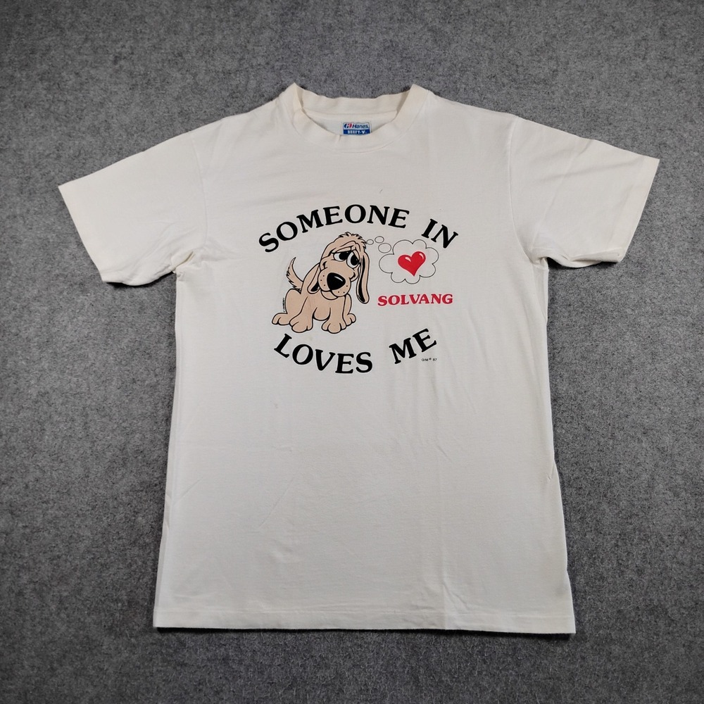 Vintage‎ Hanes Beefy-T Solvang Loves Me Dog T-Shirt Mens Medium White 80s USA